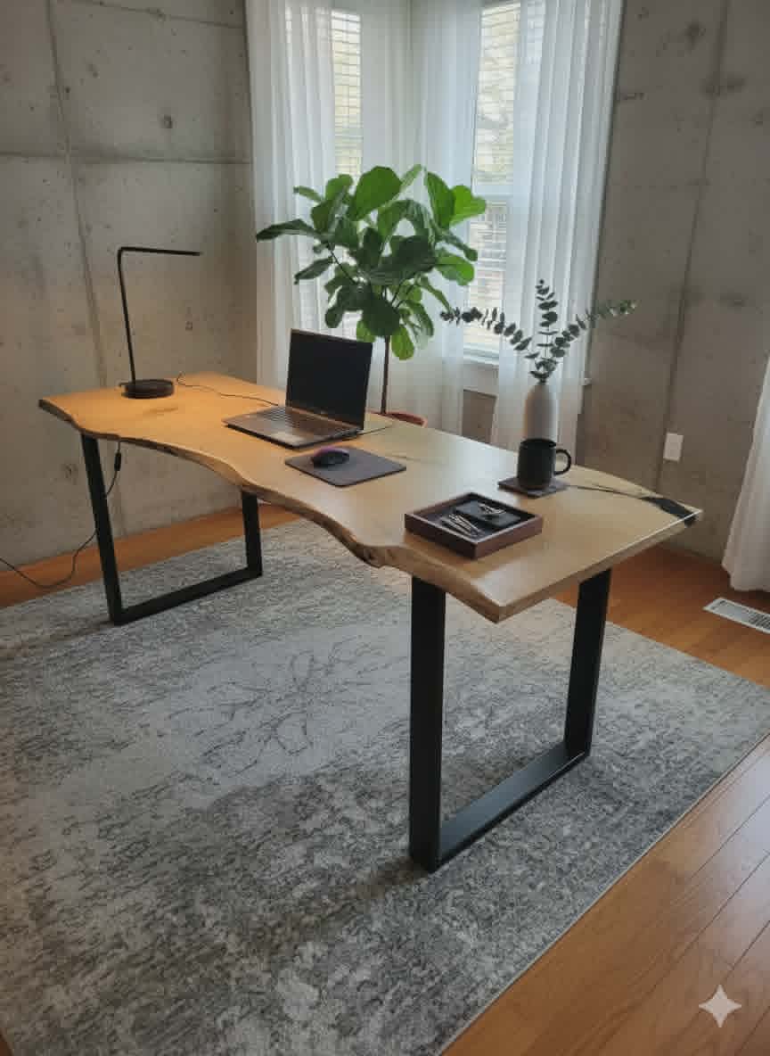 Bureau en bois massif à bordure naturelle, aménagé dans un coin bureau