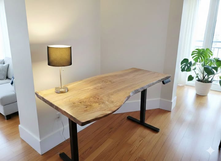 Bureau en bois massif à bordure naturelle, intégré dans un salon lumineux