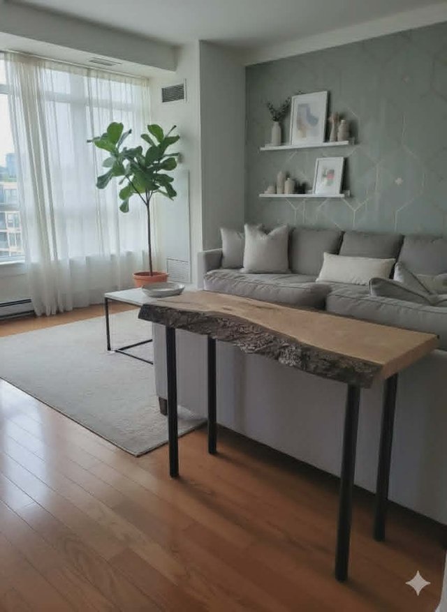Table console en bois massif à bordure d'écorce naturelle installée derrière un canapé — Les Bois Rustiques MG
