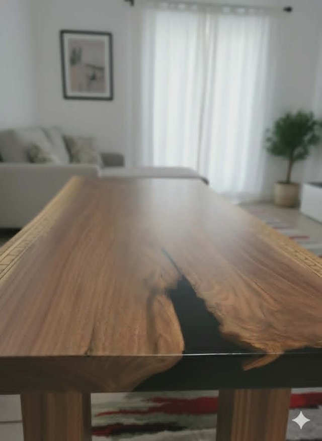 Gros plan d'une table de salle à manger en bois massif avec coulée d'époxy noir et fini lustré — Les Bois Rustiques MG
