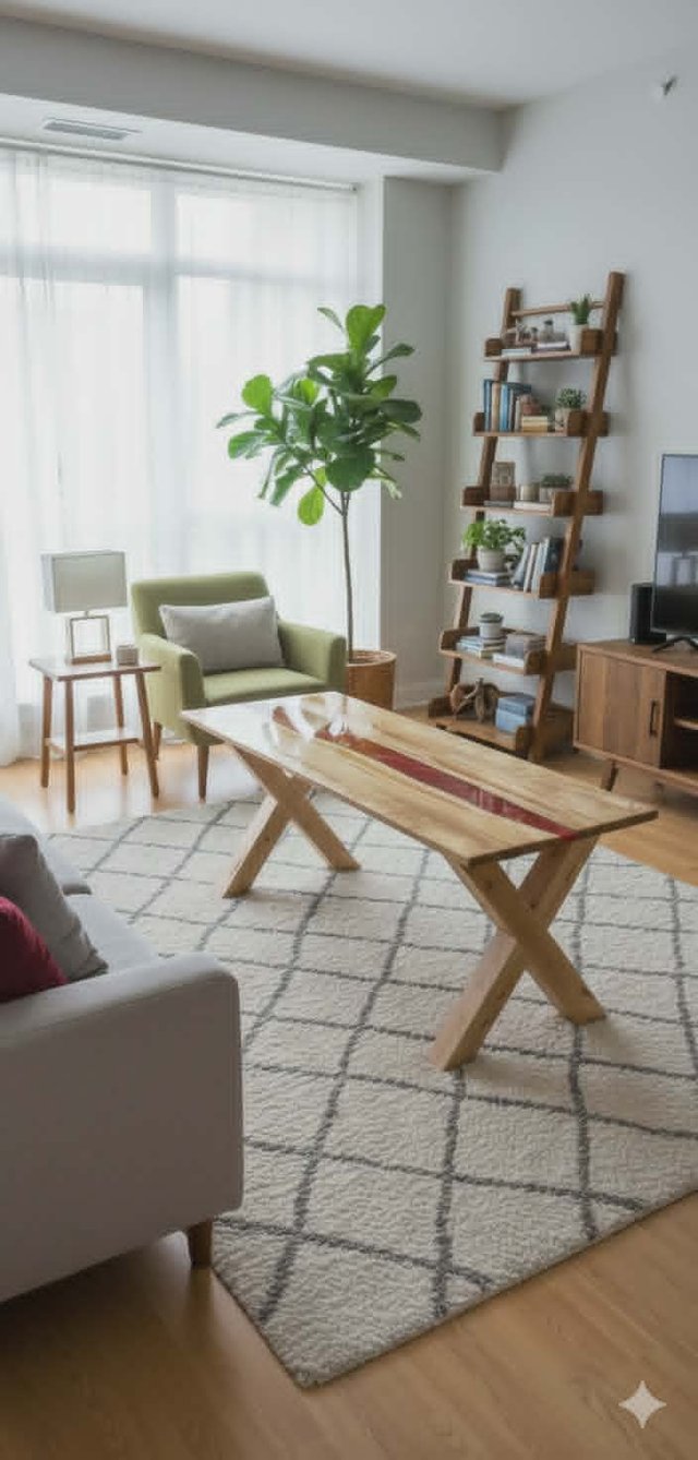 Table basse en bois massif avec rivière d'époxy rouge et pieds en X, dans un salon lumineux — Les Bois Rustiques MG