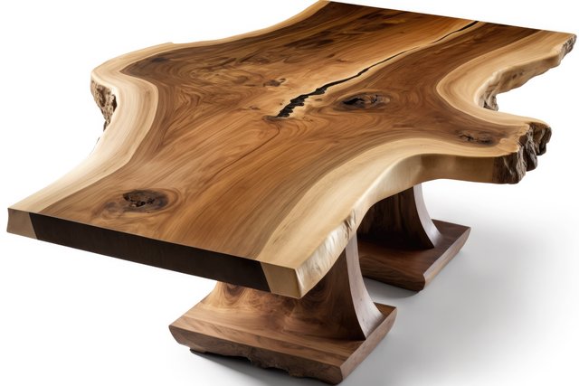 Table en bois massif à bordure naturelle sur un piétement sculpté, sur fond blanc — idée de projet