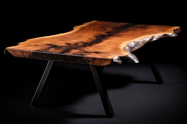 Table basse en bois massif à bordure naturelle sur pieds en métal noir évasés — idée de projet