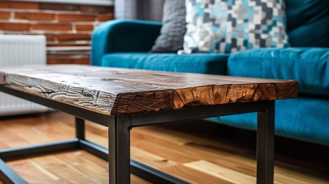 Table basse en bois massif à bordure naturelle sur structure métallique, dans un salon moderne — idée de projet