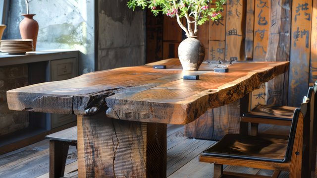 Table de salle à manger en bois massif à bordure naturelle dans un intérieur rustique — idée de projet