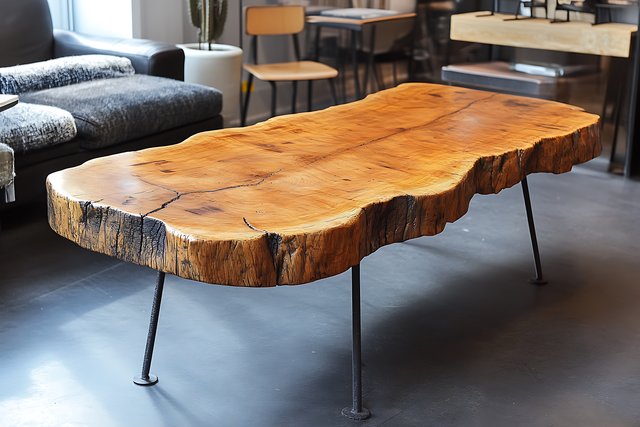 Table en bois massif à bordure naturelle de forme organique, sur pieds métalliques fins — idée de projet