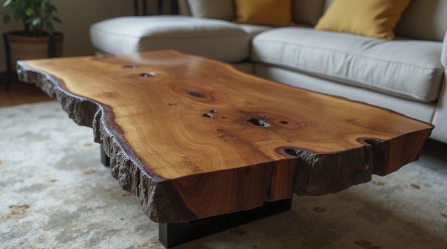 Table basse en bois massif à bordure naturelle devant un canapé d'angle dans un salon chaleureux — idée de projet