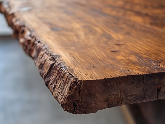 Gros plan sur la surface et la bordure naturelle d'une table en bois massif épaisse — idée de projet